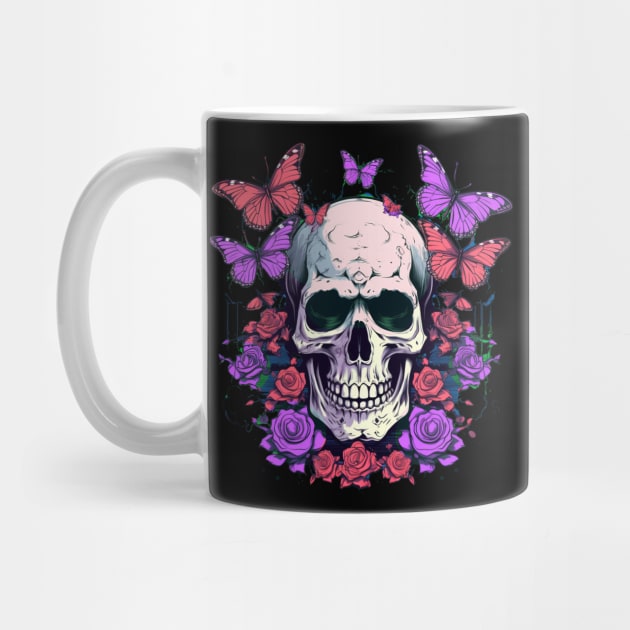 Psychedelic Neon Skull with Roses and Butterflies by TOKEBI